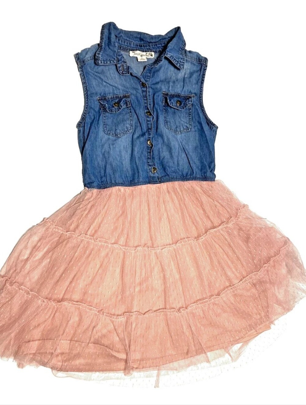 Denim & Pink Tulle Girls' Dress - Sleeveless Chambray Bodice